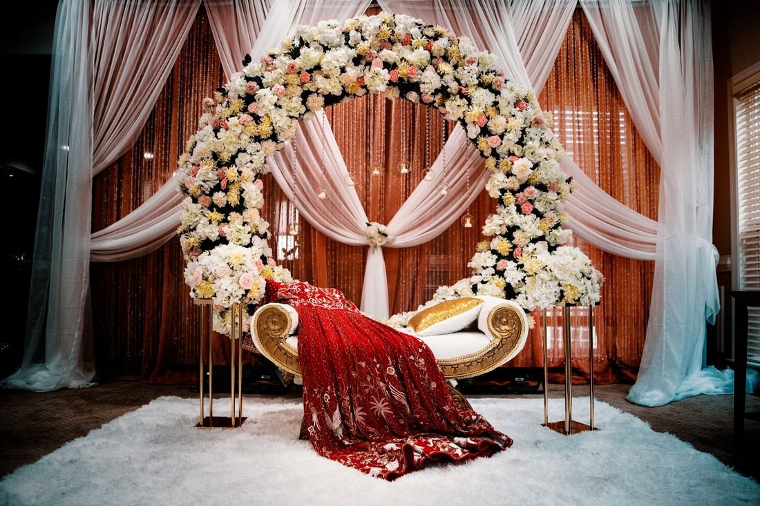Floral mandap arch styled for an Indian wedding ceremony